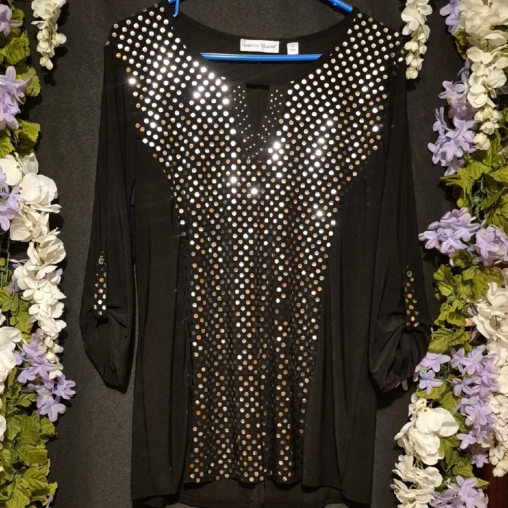 Rebecca Malone Black Blouse with Gold and Silver Accents